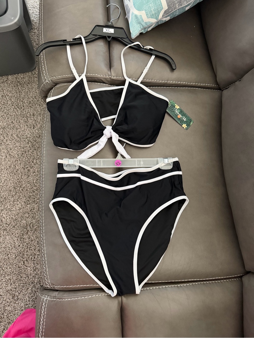 Black and White High-Waist Bikini Set - Contrast Trim